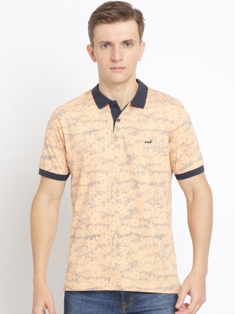 

Crocodile Men Peach-Coloured & Navy Blue Printed Slim Fit Polo Collar T-shirt