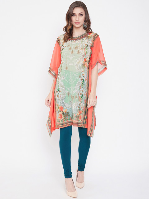 

The Kaftan Company Women Coral & Green Printed Asymmetric Kaftan Kurta