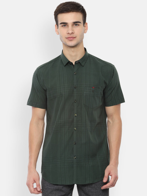 

V Dot Men Green Slim Fit Checked Casual Shirt