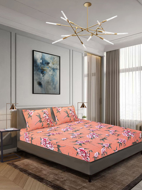 

Aura Orange Floral 144 TC Cotton 1 King Bedsheet with 2 Pillow Covers