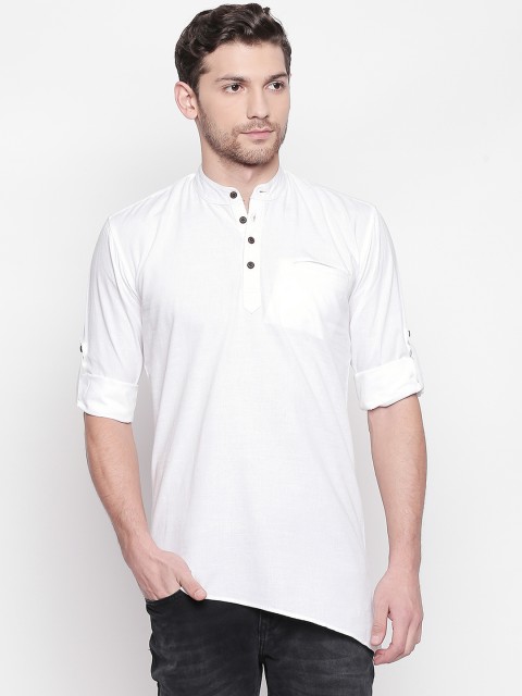 

ROLLER FASHIONS Men White Solid Asymmetrical Hem Straight Kurta