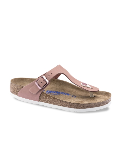 

Birkenstock Women Pink Solid Gizeh Nubuck Leather T-Strap Regular Width Flats
