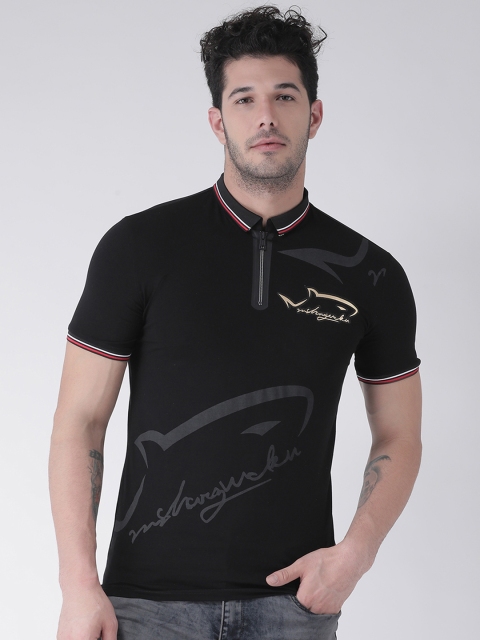 Rex Straut Jeans Men Black Printed Polo Collar T-shirt