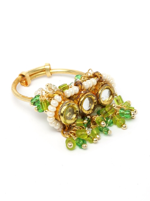 

DUGRISTYLE Gold-Plated & Green Kundan & Pearl Chand Finger Ring