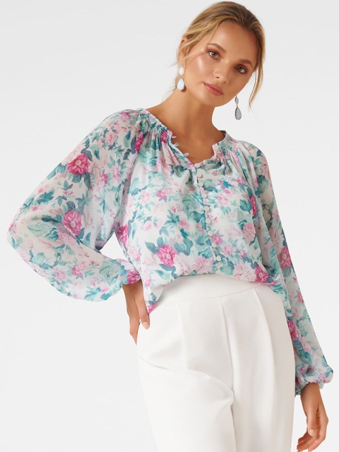 

Forever New Women Blue & White Printed A-Line Top