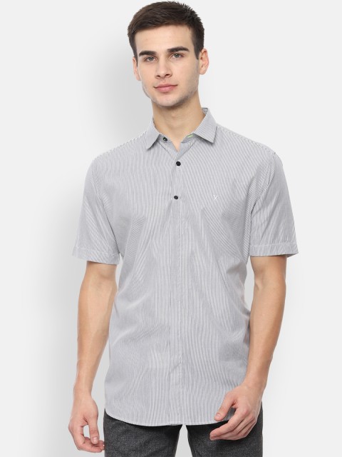 

V Dot Men White & Grey Slim Fit Striped Casual Shirt