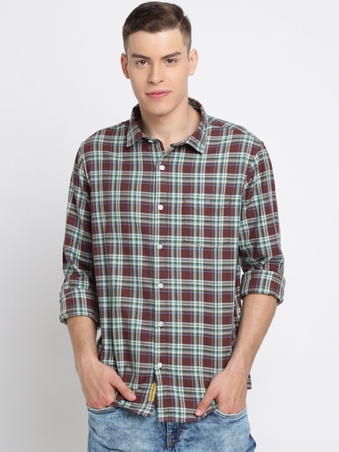 TED HARBOR Men Maroon & White Slim Fit Checked Casual Shirt