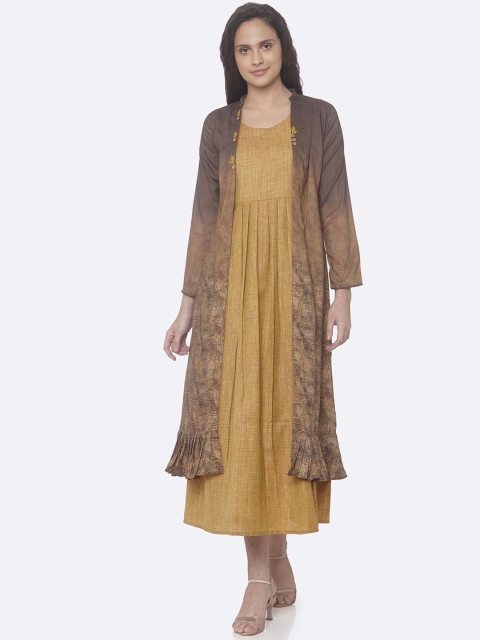 

RAISIN Women Mustard Yellow Self Design Maxi Dress With Jacket