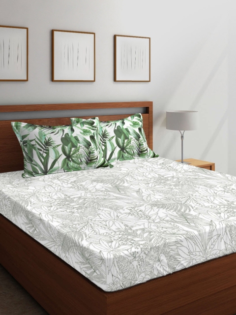 

Boutique Living India Off-White & Sea Green Conversational 200 TC Cotton 1 King Bedsheet with 2 Pillow Covers