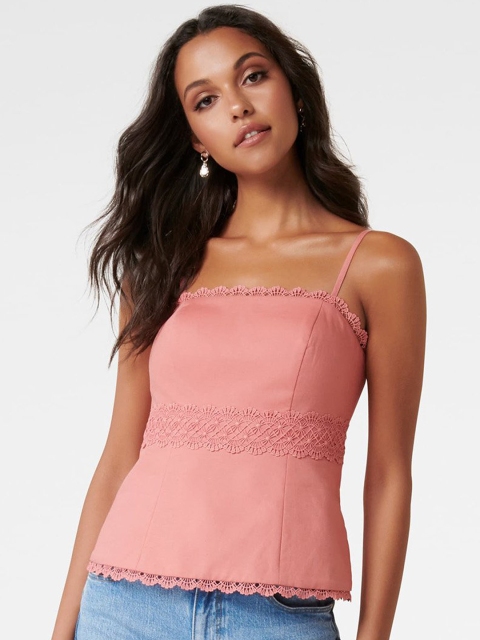 

Forever New Women Pink Self Design Lace Trim Top