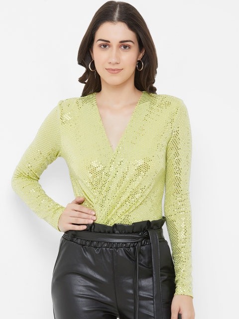 

bebe Women Green Shimmer Wrap Style Bodysuit