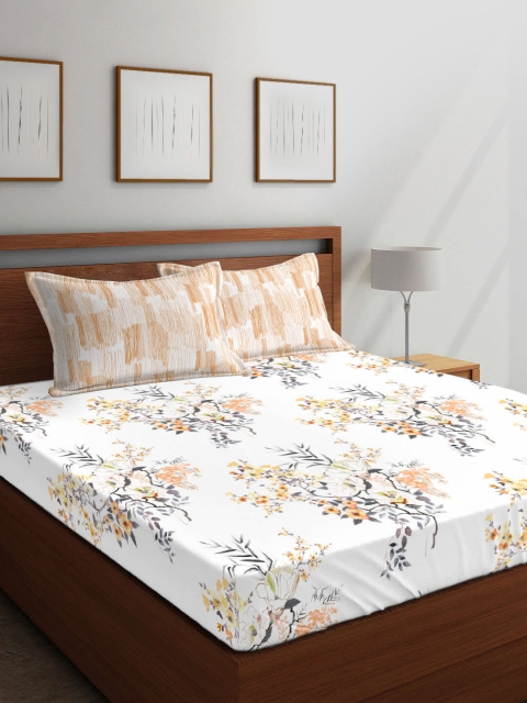 

Boutique Living India White & Peach-Coloured Floral 144 TC Cotton 1 Queen Bedsheet with 2 Pillow Covers