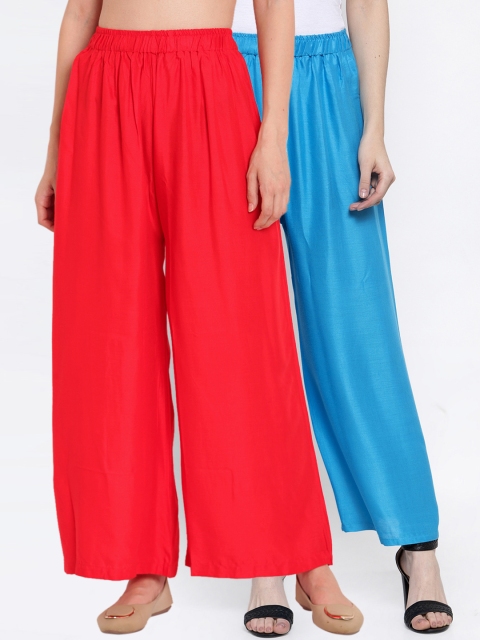 

TAG 7 Women Pack Of 2 Solid Flared Palazzos, Blue
