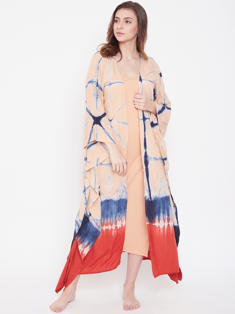 

The Kaftan Company Women Beige & Blue Solid Nightdress With Robe