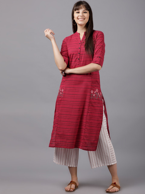 

Vishudh Women Pink & Charcoal Grey Striped Straight Kurta