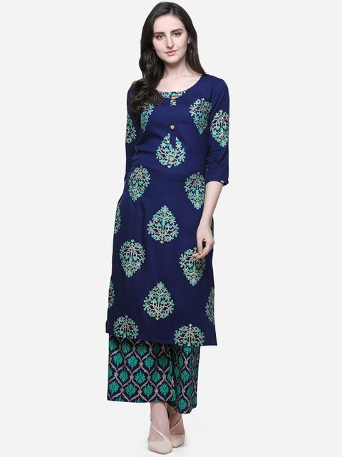 

Mirchi Fashion Women Navy Blue & Green Printed Kurta with Palazzos