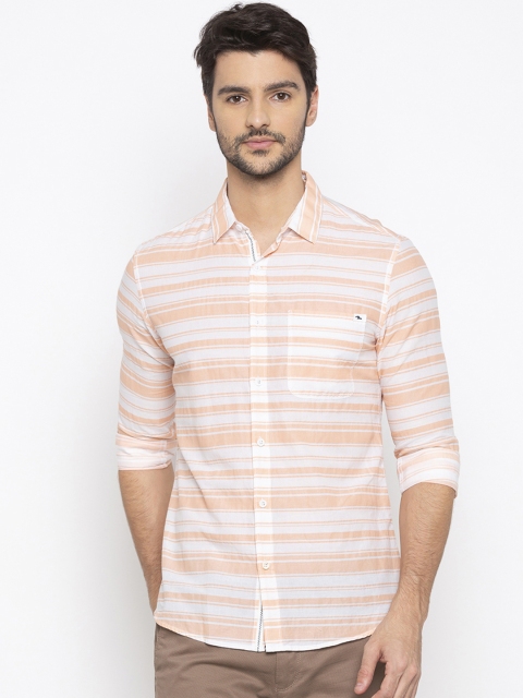 

SPYKAR Men Peach-Coloured & White Slim Fit Striped Casual Shirt