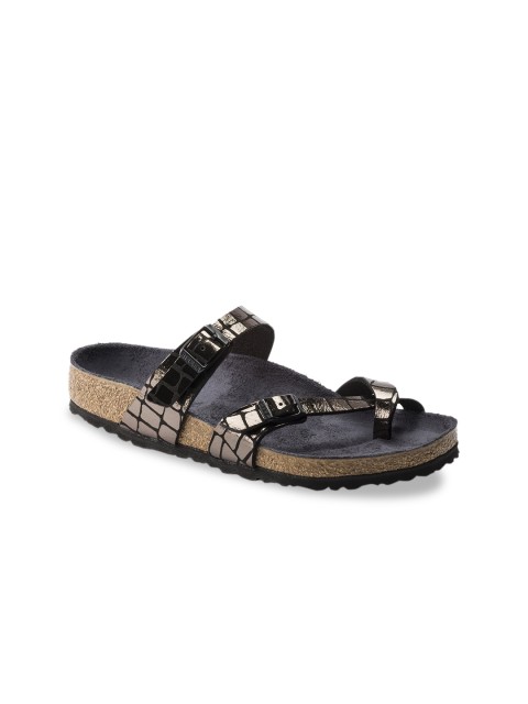 

Birkenstock Women Black Croc Textured Mayari Micro Fibre One Toe Regular Width Flats