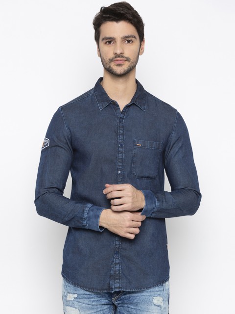 

SPYKAR Men Navy Blue Slim Fit Solid Denim Casual Shirt
