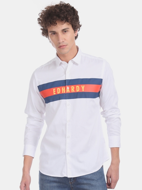 

Ed Hardy Men White & Blue Regular Fit Striped Casual Shirt