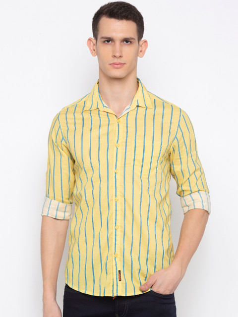 

SPYKAR Men Yellow & Blue Slim Fit Striped Casual Shirt