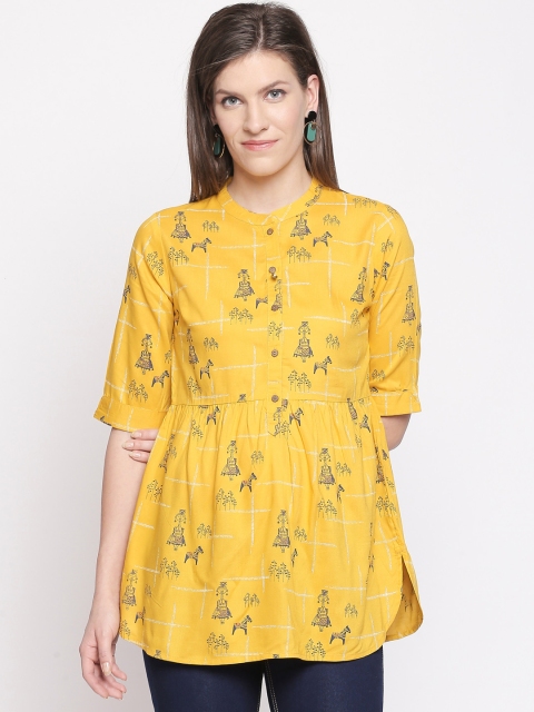 

AKKRITI BY PANTALOONS Women Mustard Yellow & Blue Printed Tunic