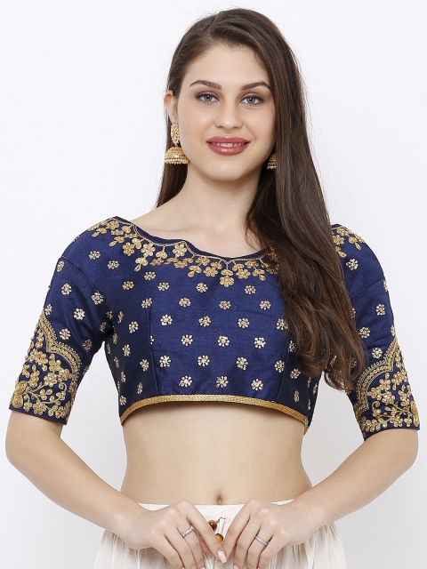 

SALWAR STUDIO Women Navy Blue & Gold-Coloured Embroidered Party Wear Readymade Saree Blouse
