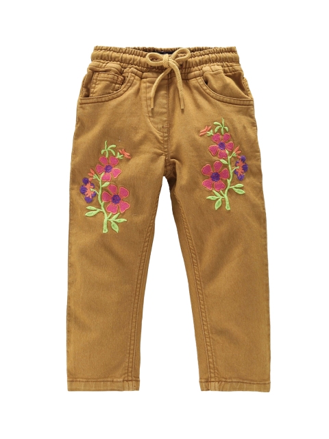 KiddoPanti Girls Tan Brown Regular Fit Mid-Rise Clean Look Stretchable Jeans