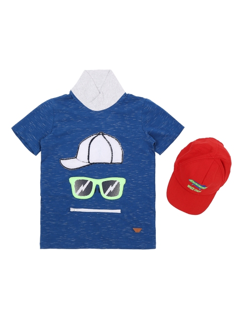 

Pantaloons Junior Boys Blue Printed High Neck Pure Cotton T-shirt With Cap