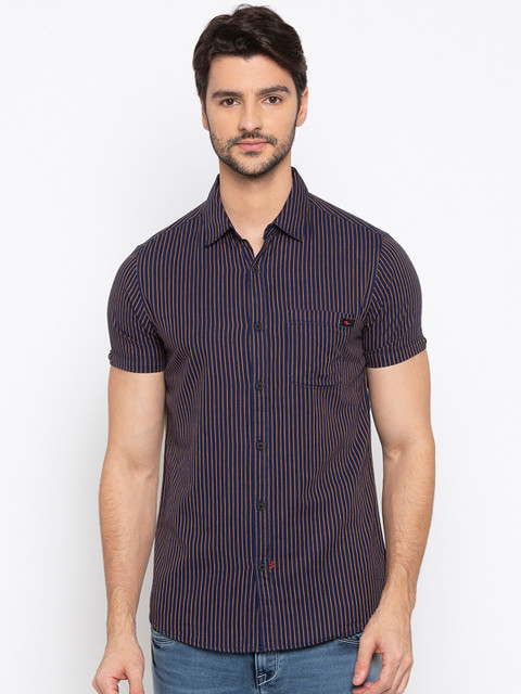 

SPYKAR Men Navy Blue & Yellow Slim Fit Striped Casual Shirt