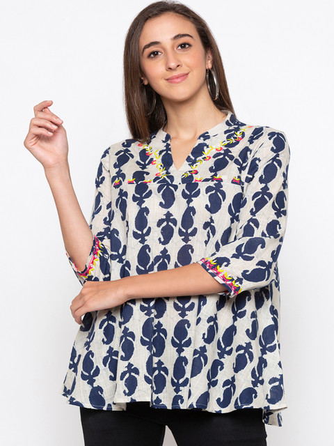 

Globus Women Off-White & Navy Blue Printed A-Line Top
