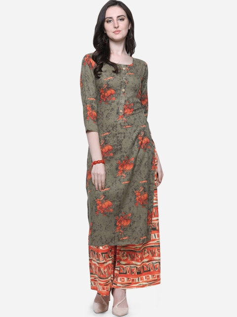 

Mirchi Fashion Women Olive Green & Orange Printed Kurta with Palazzos