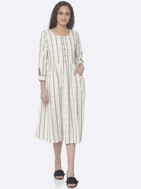 

RAISIN Women Cream-Coloured & Blue Checked Shirt Dress