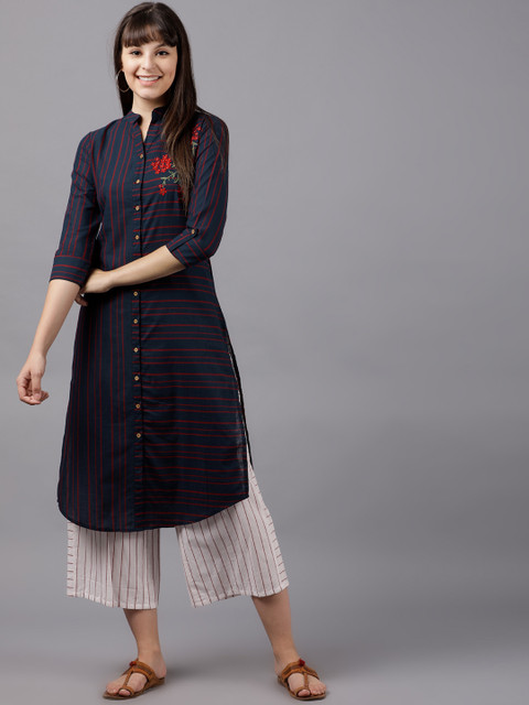 

Vishudh Women Navy Blue & Red Striped Straight Kurta