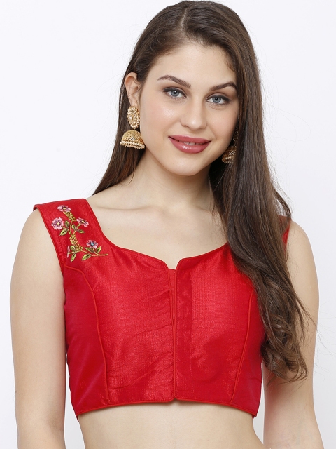 

SALWAR STUDIO Women Red Solid Casual Embroidery Readymade Silk Saree Blouse