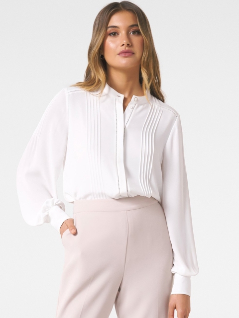

Forever New Women White Solid Trim Pin Tuck Shirt