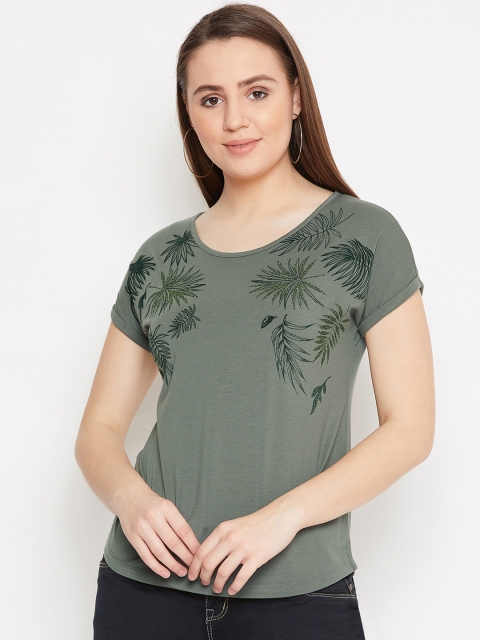 

METTLE Women Olive Green Printed Round Neck T-shirt