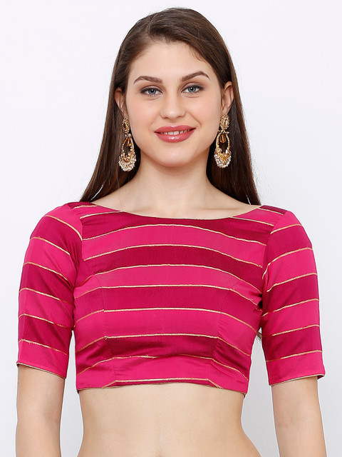 

SALWAR STUDIO Women Pink Striped Chanderi Silk Casual Readymade Saree Blouse