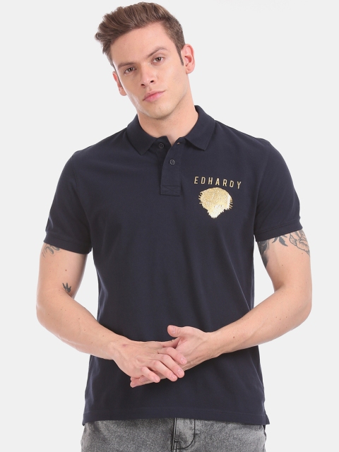 

Ed Hardy Men Blue Solid Polo Collar Pure Cotton T-shirt