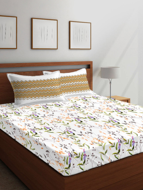 

Boutique Living India White & Green Floral 144 TC Cotton 1 Queen Bedsheet with 2 Pillow Covers
