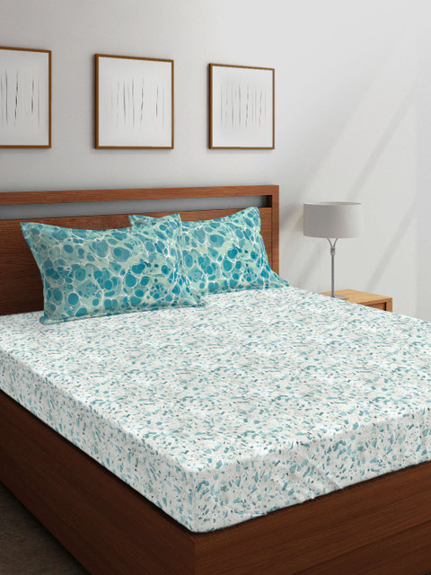 

Boutique Living India Teal & White Abstract 200 TC Cotton 1 King Bedsheet with 2 Pillow Covers