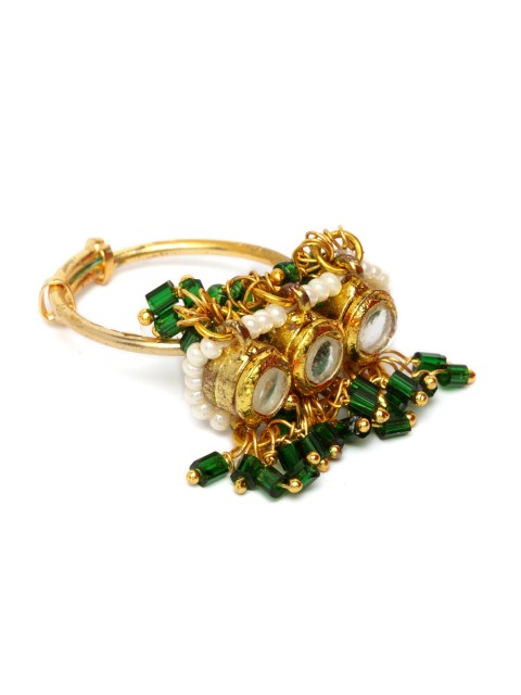 

DUGRISTYLE Gold-Plated Green & White Kundan Studded Beaded Adjustable Ring