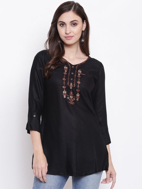 

Kvsfab Women Black Embroidered A-line Kurti