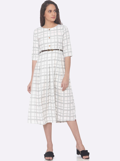 

RAISIN Women Off-White Checked Fit and Flare Dress