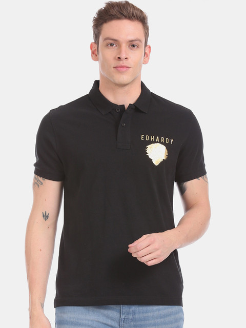 

Ed Hardy Men Black Solid Polo Collar Pure Cotton T-shirt