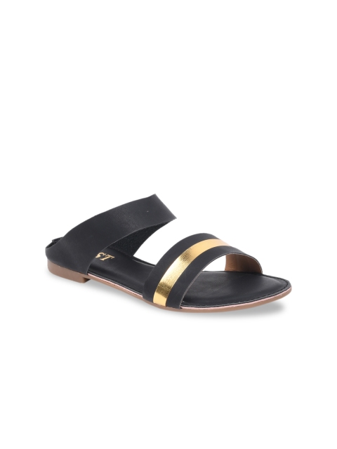 

GNIST Women Black & Gold-Toned Striped Open Toe Flats