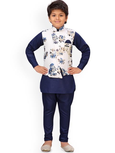 

Aj DEZInES Boys Navy Blue & White Printed Kurta with Pyjamas & Nehru Jacket