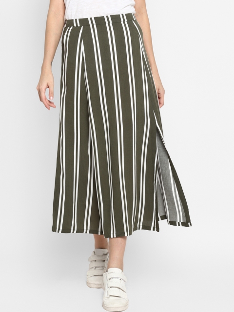 

MIAMINX Women Olive Green & White Striped A-Line Midi Skrit