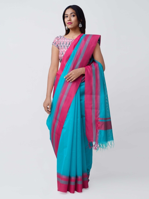

Unnati Silks Turquoise Blue & Pink Silk Cotton Solid Handloom Sustainable Saree