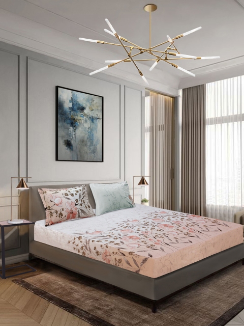 

Aura Peach-Coloured & Grey Floral 144 TC Cotton 1 King Bedsheet with 2 Pillow Covers